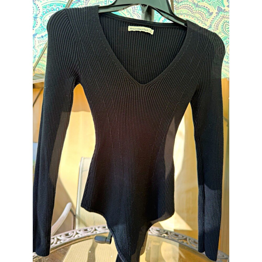 Abercrombie & Fitch Women’s L Black Ribbed V Neck Sweater Y2K Fitted Long Sleeve